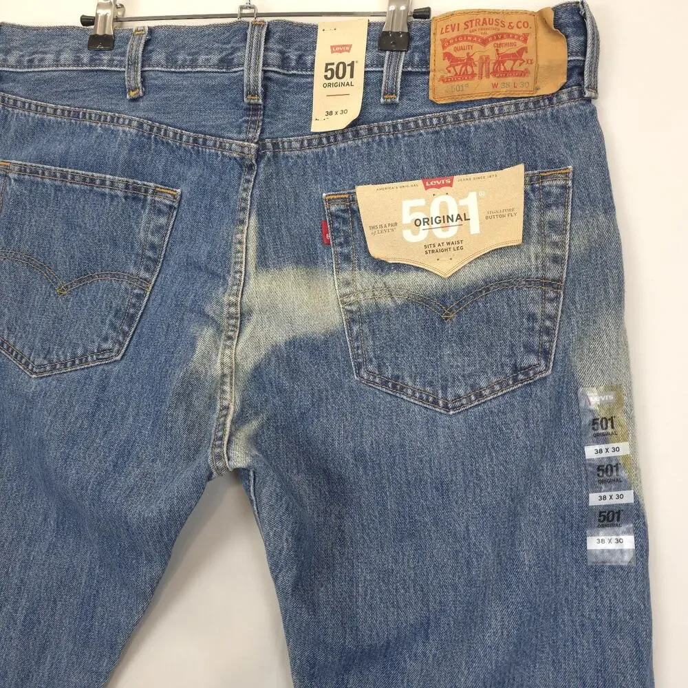 Men's Levi's 501‎ Straight Leg 38x30 Button Fly Bleached Blue Denim Jeans
